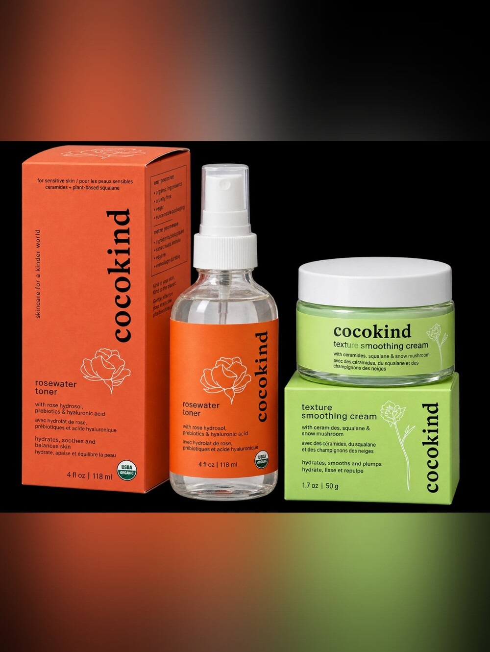 CocoKind 2 Pc Bundle - Organic Rosewater Facial Toner & Texture Smoothing Cream